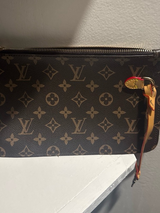 Lv Handbags - Lv Monogram Canvas Wristlet with Natural Vachetta and Red Trim